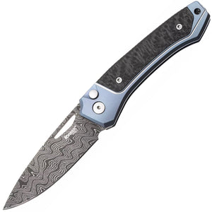 LionSTEEL Twain Button Lock Blue Titanium & Carbon Fiber Folding Damascus Knife TWDBL