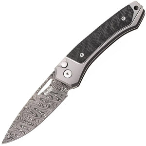 LionSTEEL Twain Button Lock Gray Titanium & Carbon Fiber Folding Damascus Knife TWDGY