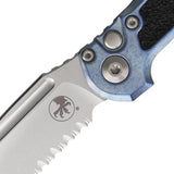 Microtech Automatic LUDT Marfione Select Button Lock Knife Ice Blue Titanium & Traction M390MK Serrated Drop Pt Blade 113511MS12