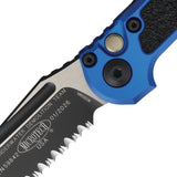 Microtech Automatic LUDT Gen III Button Lock Blue Aluminum & Traction M390MK Two-Tone Serrated Knife 11363BL