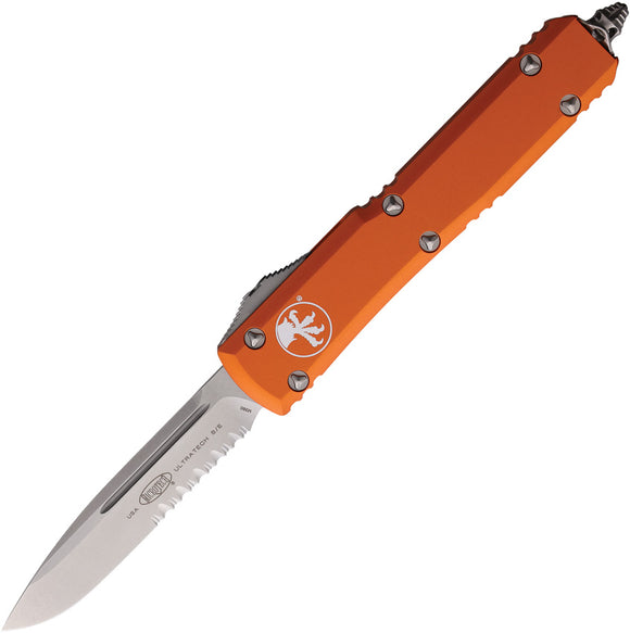 Microtech Automatic Ultratech OTF Knife Orange Aluminum Partially Serrated Drop Pt Blade 12111OR