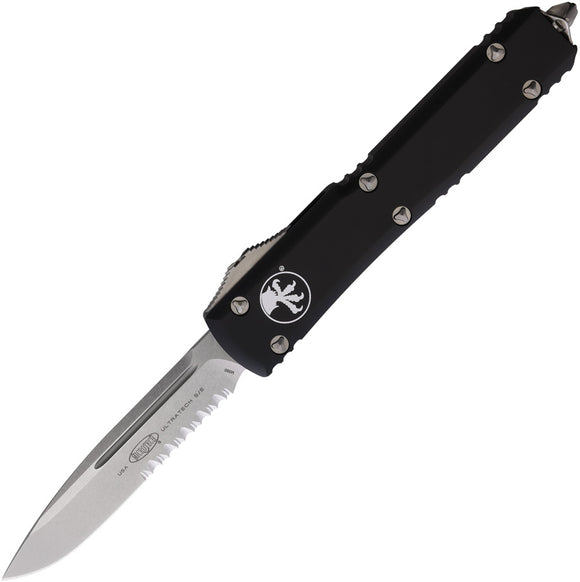 Microtech Automatic Ultratech OTF Knife Black Aluminum Partially Serrated Drop Pt Blade 12111