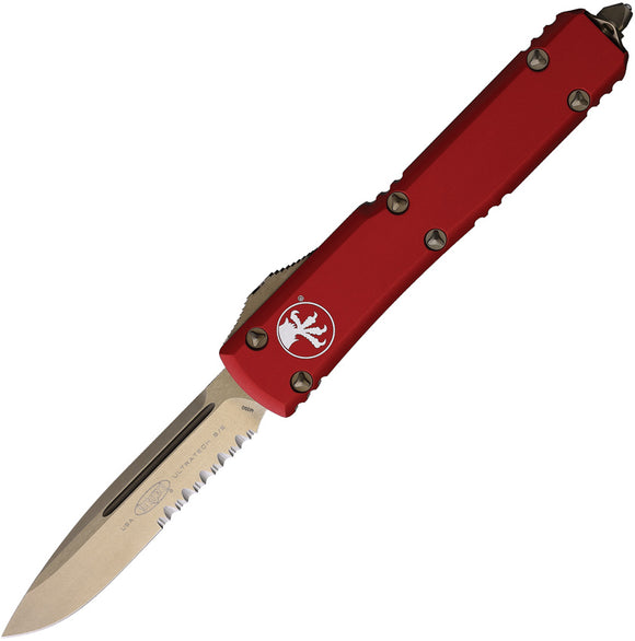 Microtech Automatic Ultratech OTF Knife Red Aluminum Bronze Partial Serrated Drop Point Blade 12114RD