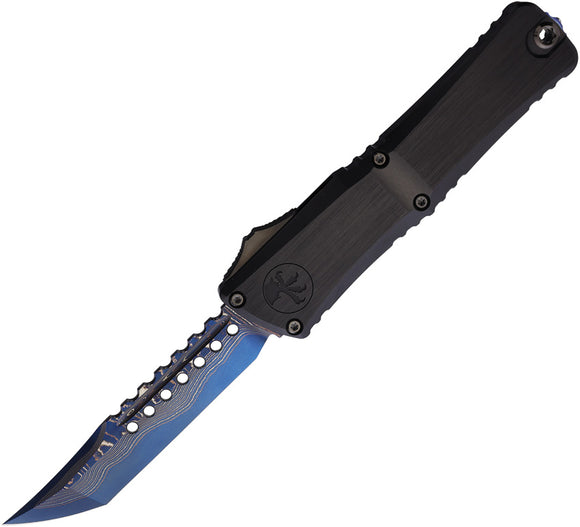 Microtech Automatic Combat Troodon Hellhound OTF Knife Black Aluminum Blue Coppermal Damascus Blade 121916MS2