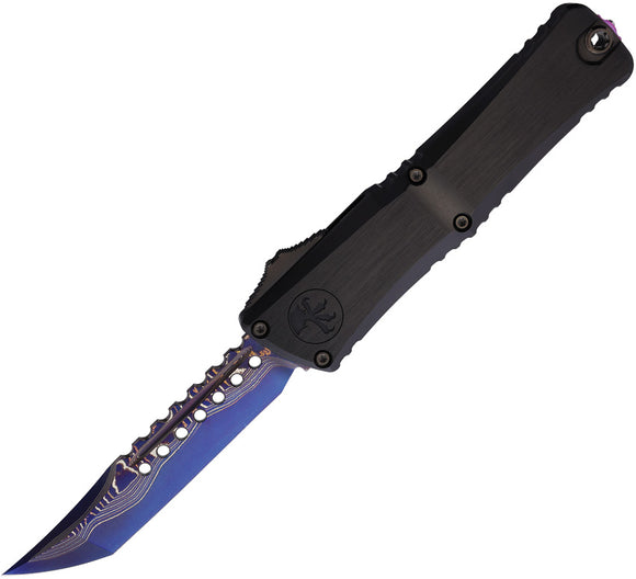 Microtech Automatic Combat Troodon Hellhound OTF Knife Black Aluminum Blue Coppermal Damascus Blade 121916MS3