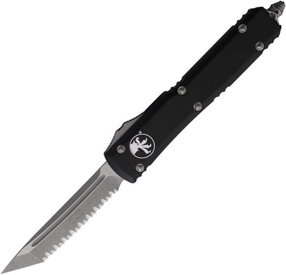Microtech Automatic Ultratech OTF Knife Black Aluminum Apocalyptic Serrated Tanto Blade 12312AP