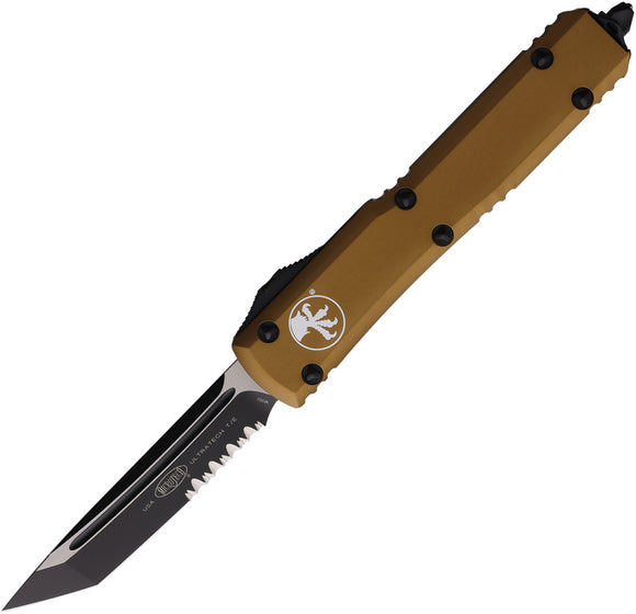 Microtech Automatic Ultratech OTF Knife Tan Aluminum Partially Serrated Tanto Blade 1232TA