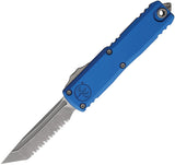 Microtech Automatic UTX-85 Gen IV OTF Knife Blue Aluminum Apocalyptic Serrated Tanto Blade 1233412APBL