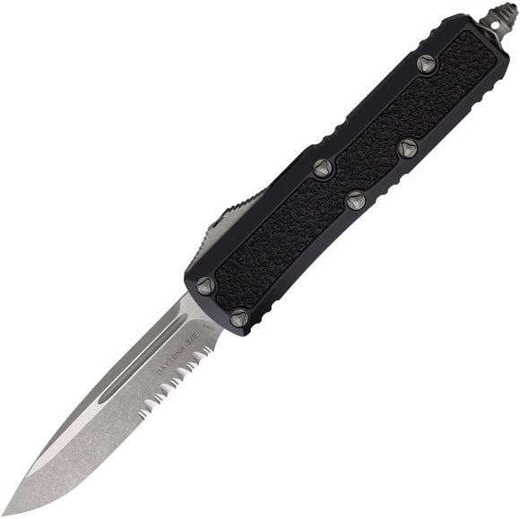 Microtech Automatic Daytona OTF Knife Black Aluminum & Traction Apocalyptic Serrated Blade 12411APS