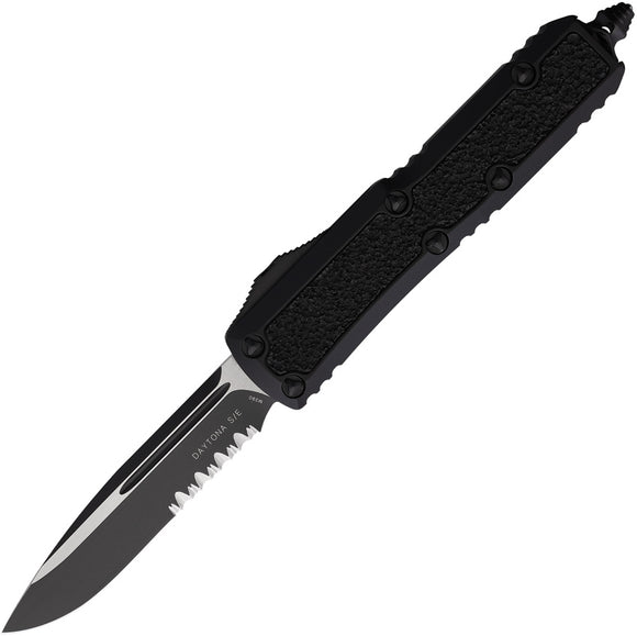 Microtech Automatic Daytona OTF Knife Black Aluminum & Traction Two-Tone Serrated Blade 1242TS