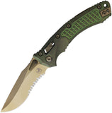 Microtech Amphibian Marfione Ram-Lok Antique Green Frag Titanium Folding Bronze M390MK Serrated Knife 137RL14FRMS1