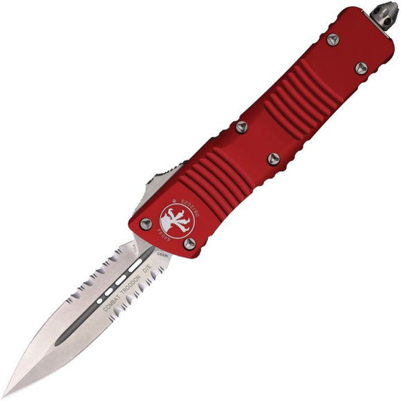 Microtech Automatic Combat Troodon OTF Knife Red Aluminum Partial Serrated Double Edge Blade 14211RD