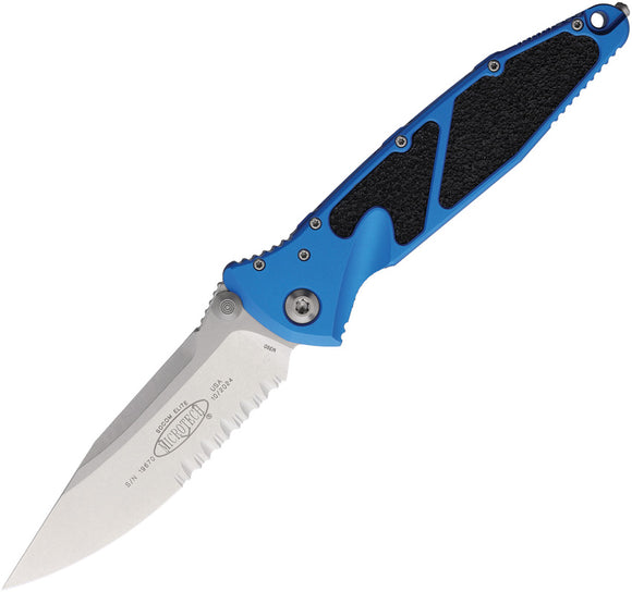 Microtech Socom Elite Linerlock Blue Aluminum & Black Traction Folding Serrated Knife 16011BL