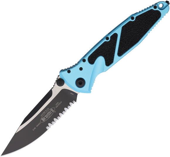 Microtech Socom Elite Linerlock Turquoise Aluminum & Traction Folding Two-Tone Serrated Knife 1602TQ