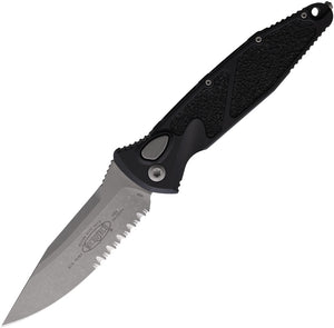 Microtech Automatic Socom Elite Knife Button Lock Black Aluminum & Traction Apocalyptic Serrated Blade 160A11AP