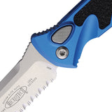 Microtech Automatic Socom Elite Knife Button Lock Blue Aluminum & Traction Stonewash Serrated Tanto Blade 160A11BL