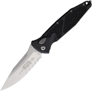 Microtech Automatic Socom Elite Knife Button Lock Black Aluminum & Traction Stonewash Serrated Blade 160A11