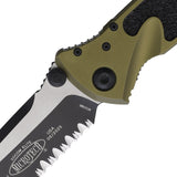 Microtech Socom Elite Linerlock OD Green Aluminum & Traction Folding Two-Tone Serrated Tanto Knife 1612OD