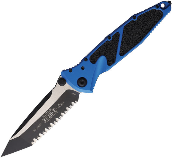 Microtech Socom Elite Linerlock Blue Aluminum & Black Traction Folding Two-Tone Serrated Knife 1613BL