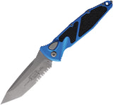 Microtech Automatic Socom Elite Knife Button Lock Blue Aluminum & Traction Apocalyptic Serrated Tanto Blade 161A11APBL