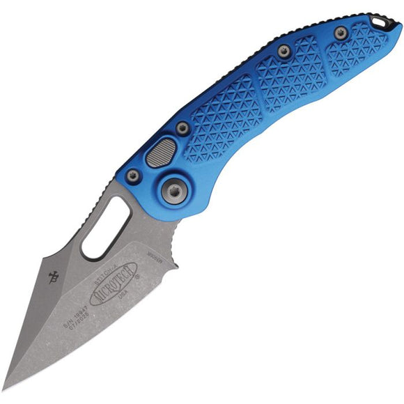 Microtech Automatic Stitch Knife Button Lock Blue Aluminum Apocalyptic Wharncliffe Blade 16910APBL