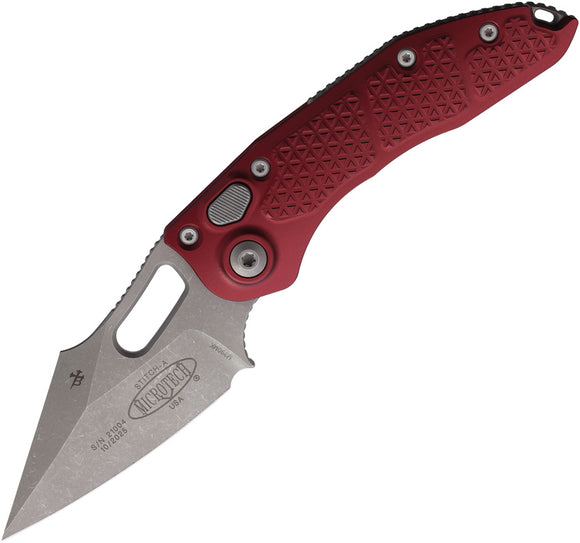 Microtech Automatic Stitch Knife Button Lock Merlot Red Aluminum Apocalyptic Blade 16910APMR
