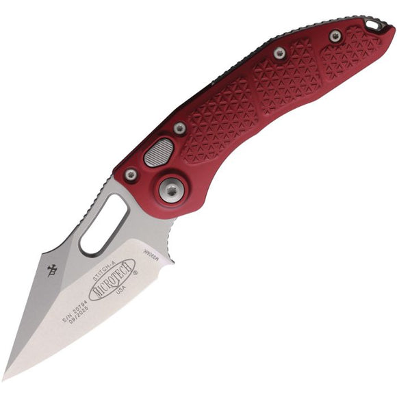 Microtech Automatic Stitch Knife Button Lock Merlot Red Aluminum Stonewash Blade 16910MR