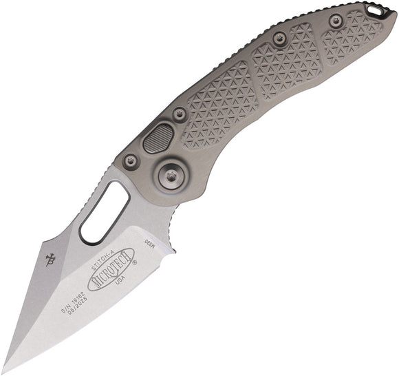 Microtech Automatic Stitch Knife Button Lock Natural Clear Gray Aluminum Stonewash Blade 16910NC