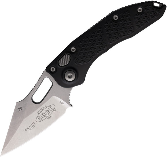 Microtech Automatic Stitch Knife Button Lock Black Aluminum Stonewash Spear Pt Blade 16910