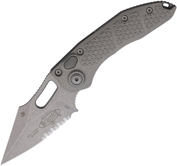 Microtech Automatic Stitch Knife Button Lock Natural Clear Gray Aluminum Apocalyptic Serrated Blade 16911APNC
