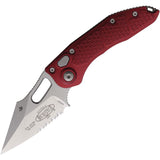 Microtech Automatic Stitch Knife Button Lock Merlot Red Aluminum Stonewash Serrated Blade 16911MR