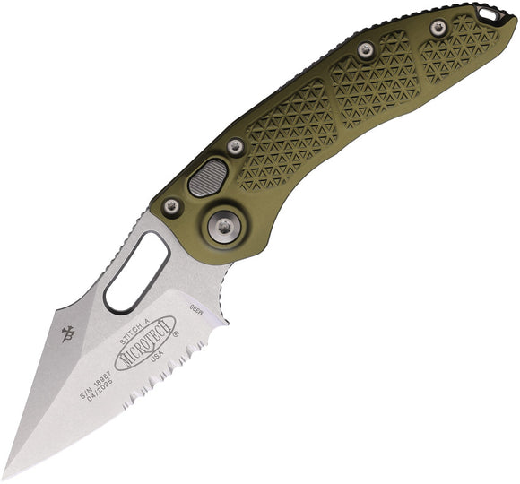 Microtech Automatic Stitch Knife Button Lock OD Green Aluminum Stonewash Serrated Blade 16911OD