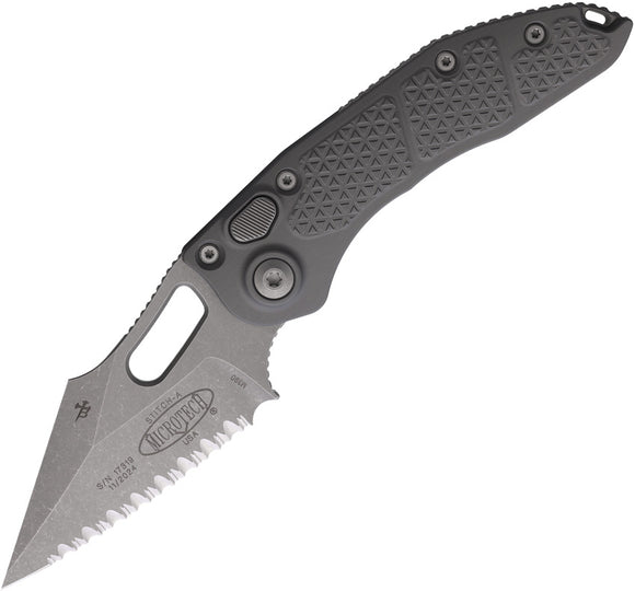 Microtech Automatic Stitch Knife Button Lock Natural Clear Gray Aluminum Apocalyptic Serrated Blade 16912APNC