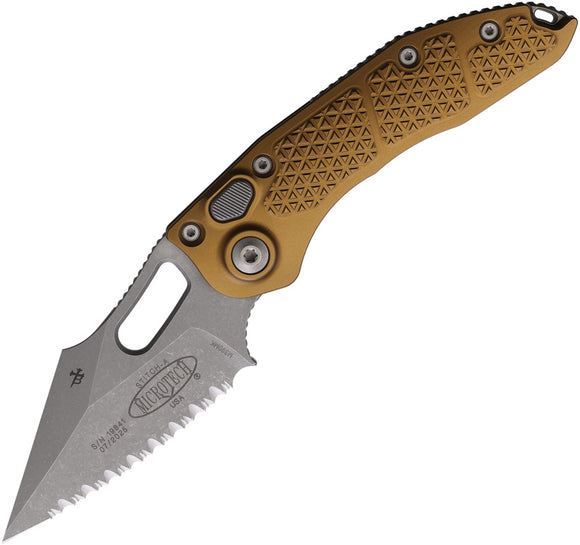 Microtech Automatic Stitch Knife Button Lock Tan Aluminum Apocalyptic Serrated Blade 16912APTA