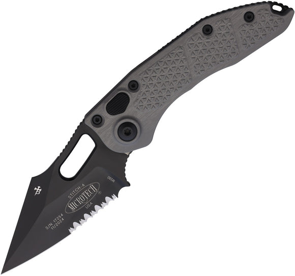 Microtech Automatic Stitch Knife Button Lock Natural Clear Gray Aluminum Black Serrated Blade 1692NC
