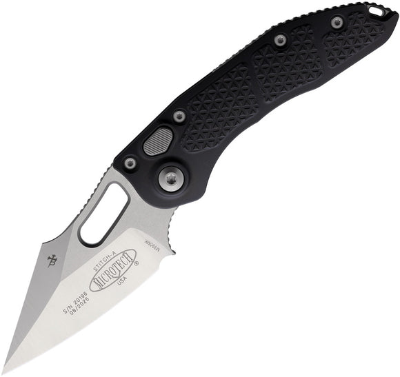 Microtech Automatic Stitch Knife Button Lock Black Aluminum Satin Wharncliffe Blade 1694