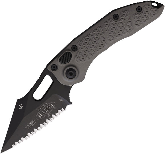 Microtech Automatic Stitch Knife Button Lock Natural Clear Gray Aluminum Black Apocalyptic Serrated Blade 17795
