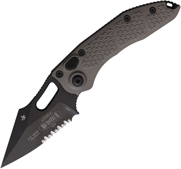 Microtech Automatic Stitch Knife Button Lock Natural Clear Gray Aluminum Black Apocalyptic Serrated Blade 17796