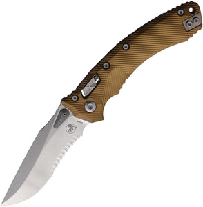 Microtech Amphibian Ram-Lok Tan Fluted Aluminum Folding M390MK Serrated Pocket Knife 18746