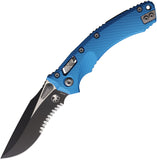 Microtech Amphibian Ram-Lok Merlot Blue Fluted Aluminum Folding Two-Tone M390MK Serrated Knife 18883