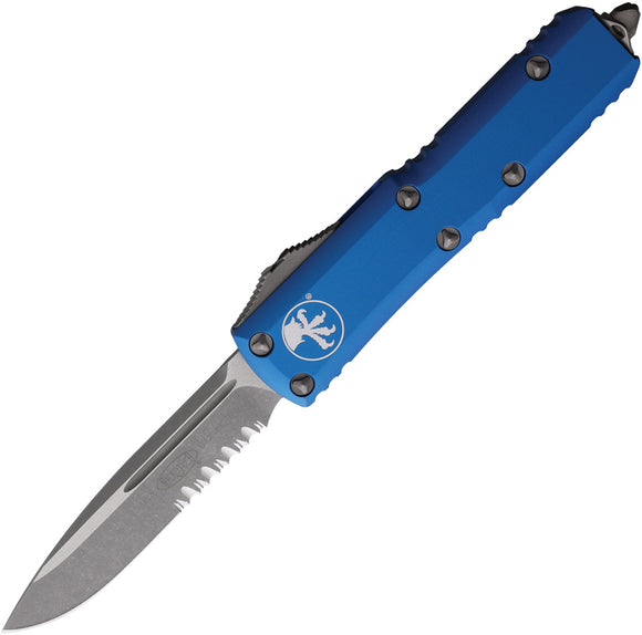 Microtech Automatic UTX-85 OTF Knife Blue Aluminum Apocalyptic Serrated Drop Pt Blade 23111APBL