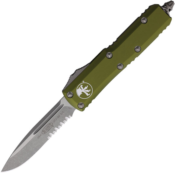 Microtech Automatic UTX-85 OTF Knife OD Green Aluminum Apocalyptic Partially Serrated Blade 23111APOD