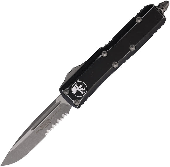 Microtech Automatic UTX-85 OTF Knife Distressed Black Aluminum Apocalyptic Serrated Blade 23111DBK