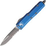 Microtech Automatic UTX-85 OTF Knife Distressed Blue Aluminum Apocalyptic Serrated Blade 23111DBL