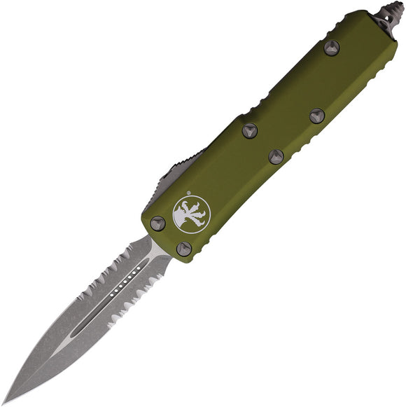 Microtech Automatic UTX-85 OTF Knife OD Green Aluminum Apocalyptic Serrated Double Edge Blade 23211APOD