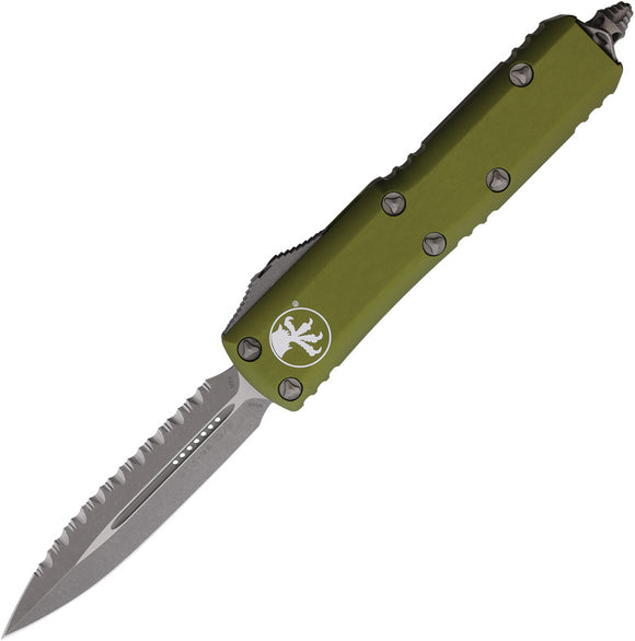 Microtech Automatic UTX-85 OTF Knife OD Green Aluminum Apocalyptic Serrated Double Edge Blade 23212APOD