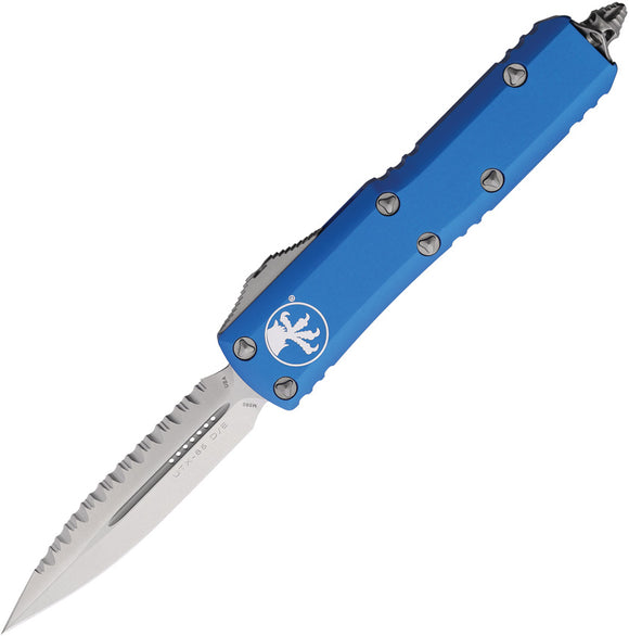 Microtech Automatic UTX-85 OTF Knife Blue Aluminum Double Edge Serrated Blade 23212BL