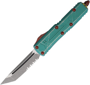 Microtech Automatic UTX-85 OTF Knife Bounty Hunter Teal Aluminum Apocalyptic Part Serrated Tanto Blade 23311BH