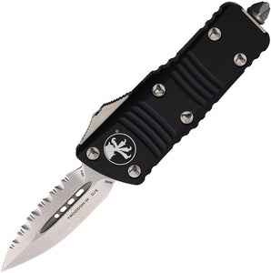 Microtech Automatic Mini Troodon OTF Knife Black Aluminum Serrated Double Edge Blade 23812