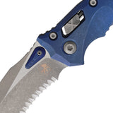 Microtech Amphibian Marfione Ram-Lok Antique Blue Titanium Folding Apocalyptic M390MK Serrated Knife 58119